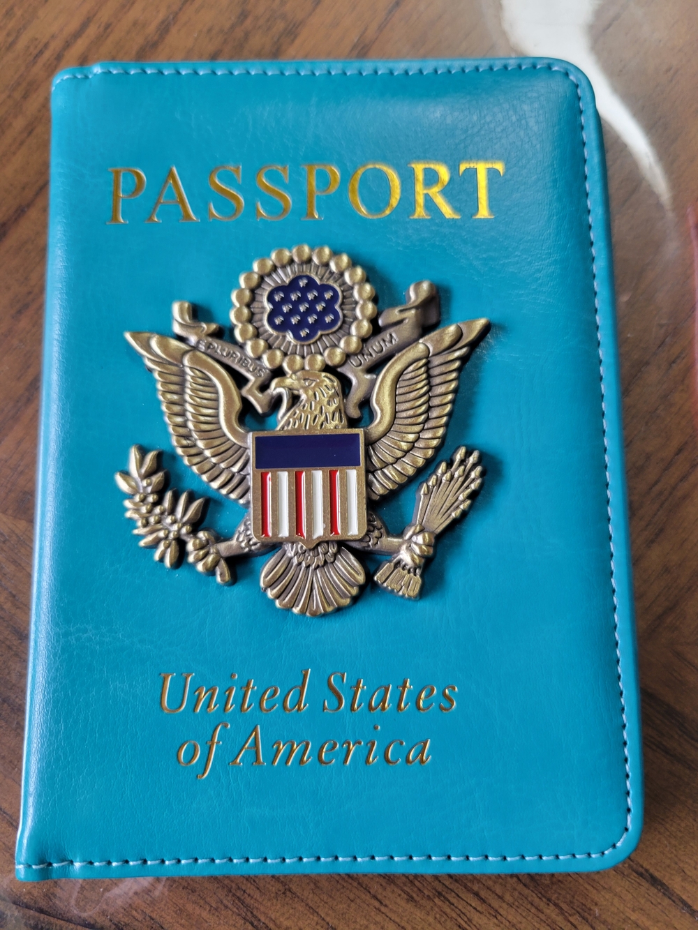 Turquoise Passport Cover with Gold US Emblem.  RFID blocker For Credit Cards